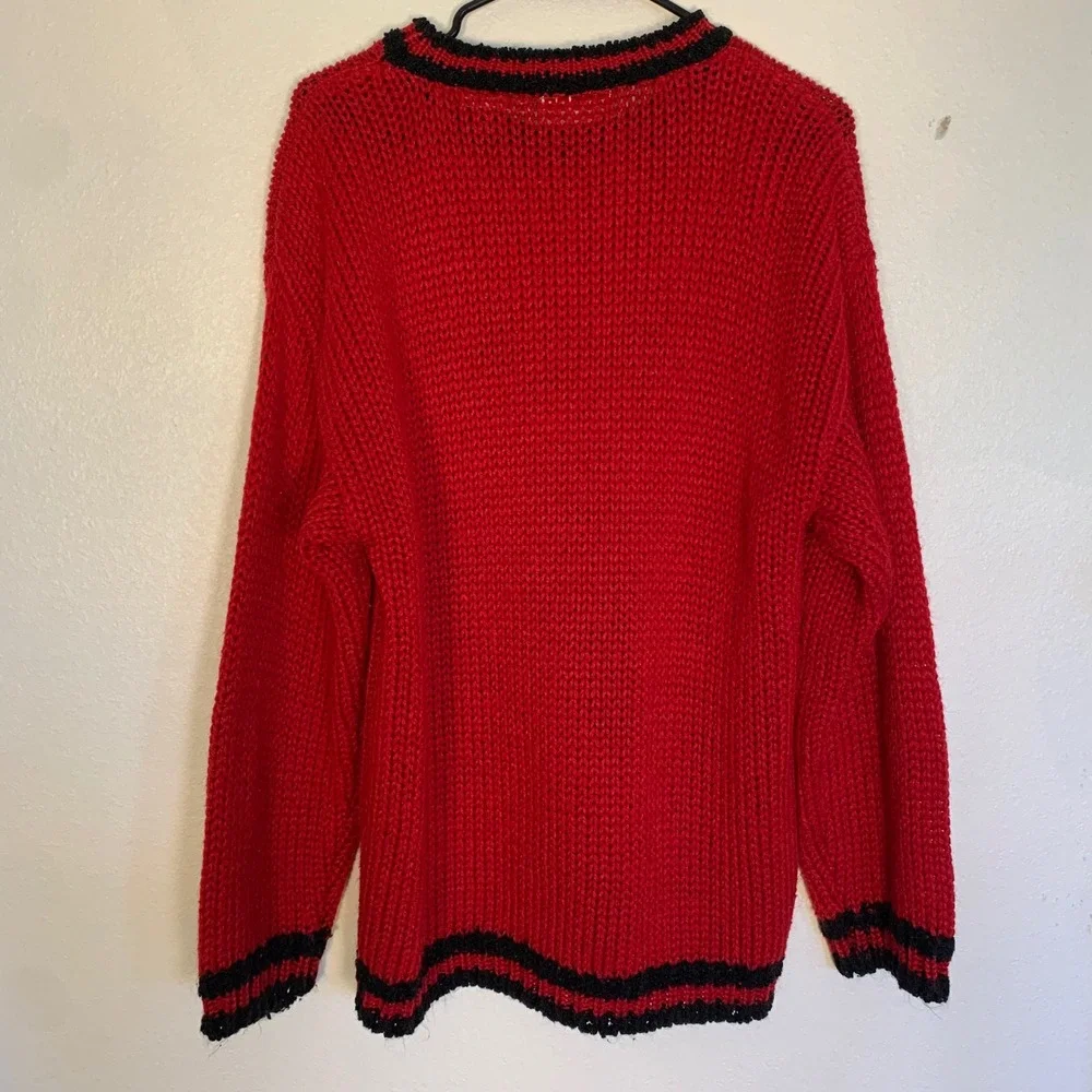 Vintage 1980s Teddy Bear Knit Sweater Hand Knit Red Black Novelty Pullover XL 18 - Picture 14 of 16